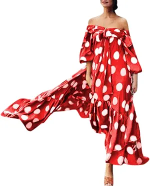 iQKA Women Off Shoulder Polka Dot Printed Maxi Dress Plus Size Summer Ruffle Bow Long Dress