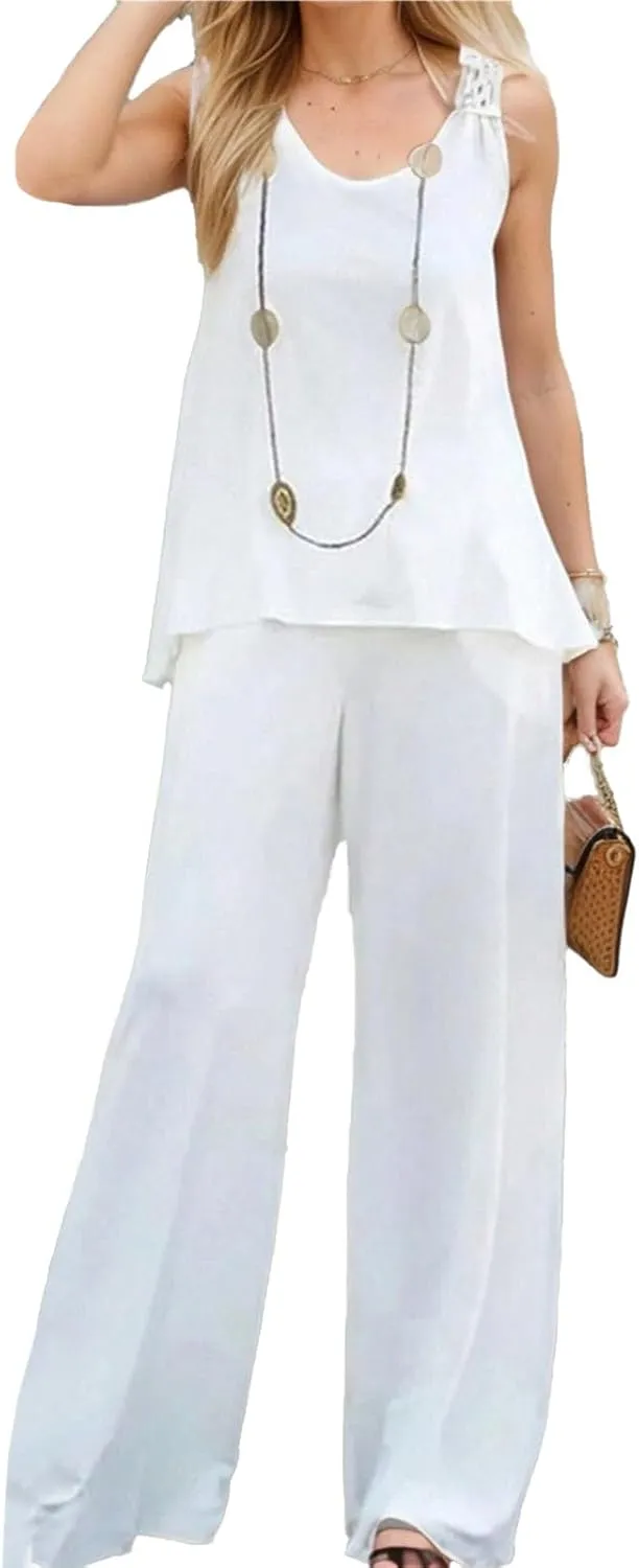 IVERIRMIN Women's Casual Summer 2 Piece Sets Sleeveless Loose Fit Tank Top Wide Leg Pants Two Piece Outfits with Pockets