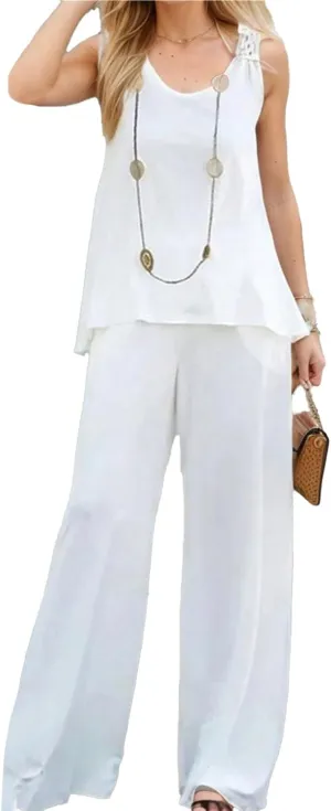 IVERIRMIN Women's Casual Summer 2 Piece Sets Sleeveless Loose Fit Tank Top Wide Leg Pants Two Piece Outfits with Pockets
