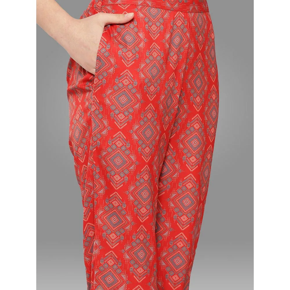 Janasya Womens Red Moss Digital Ethnic Printed Kurta with Pant (Set of 2)