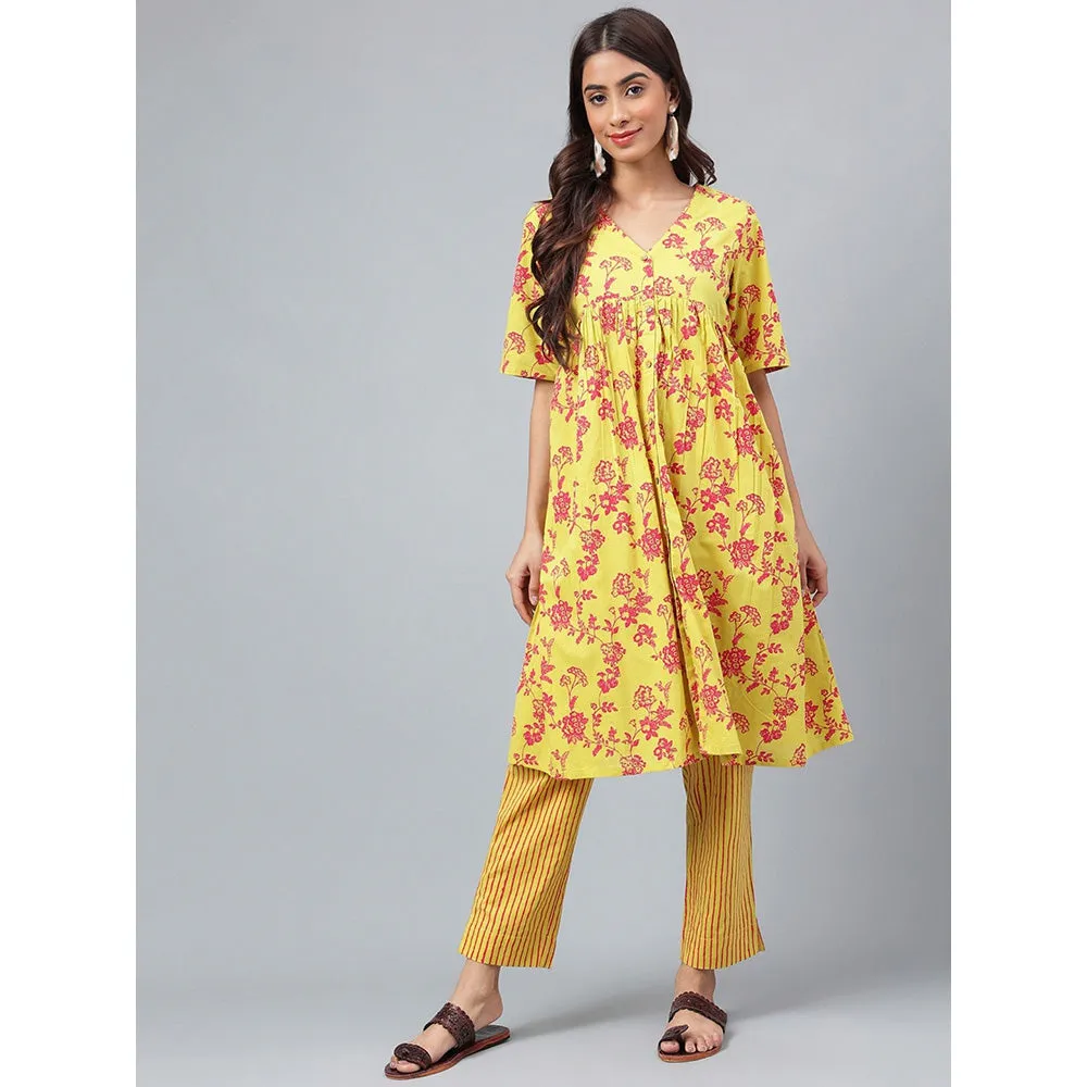 Janasya Womens Yellow Cotton Floral Printed Kurta with Pant (Set of 2)