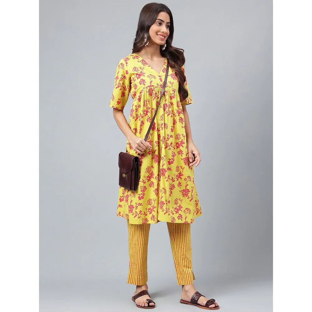 Janasya Womens Yellow Cotton Floral Printed Kurta with Pant (Set of 2)