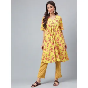 Janasya Womens Yellow Cotton Floral Printed Kurta with Pant (Set of 2)