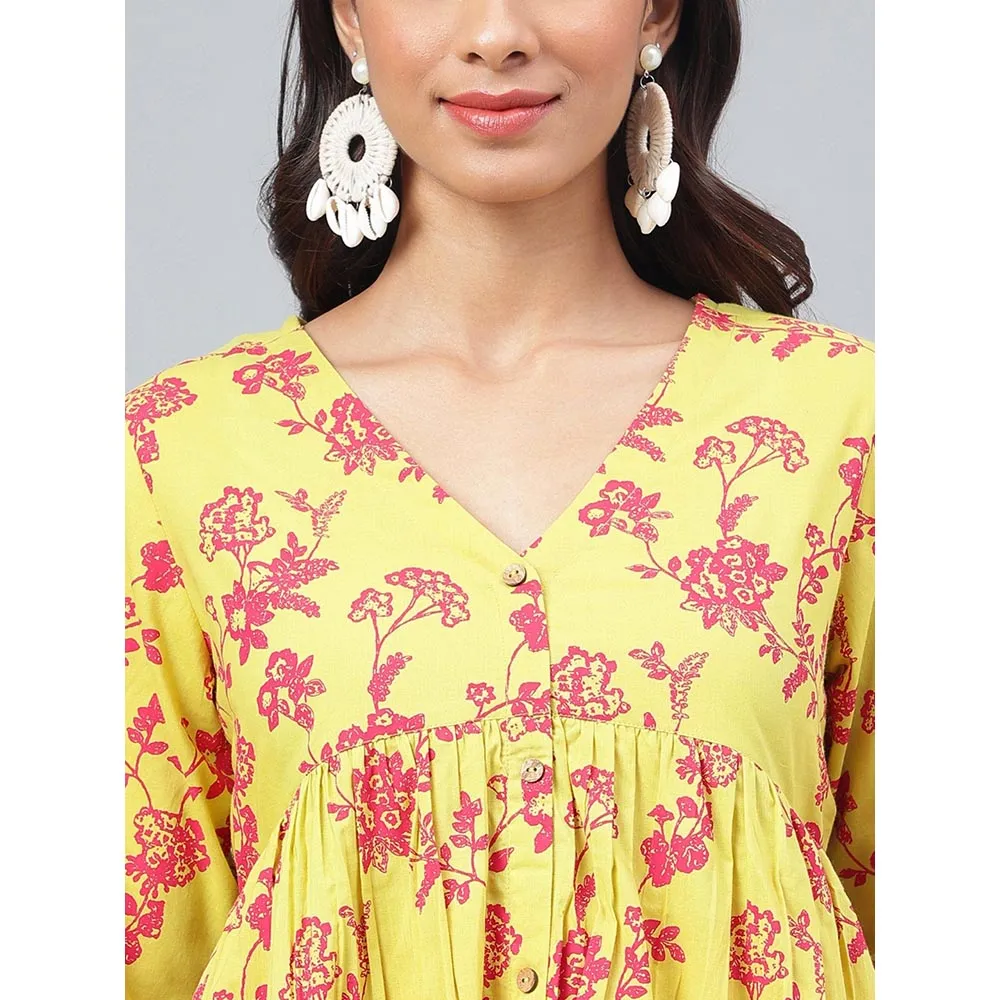 Janasya Womens Yellow Cotton Floral Printed Kurta with Pant (Set of 2)