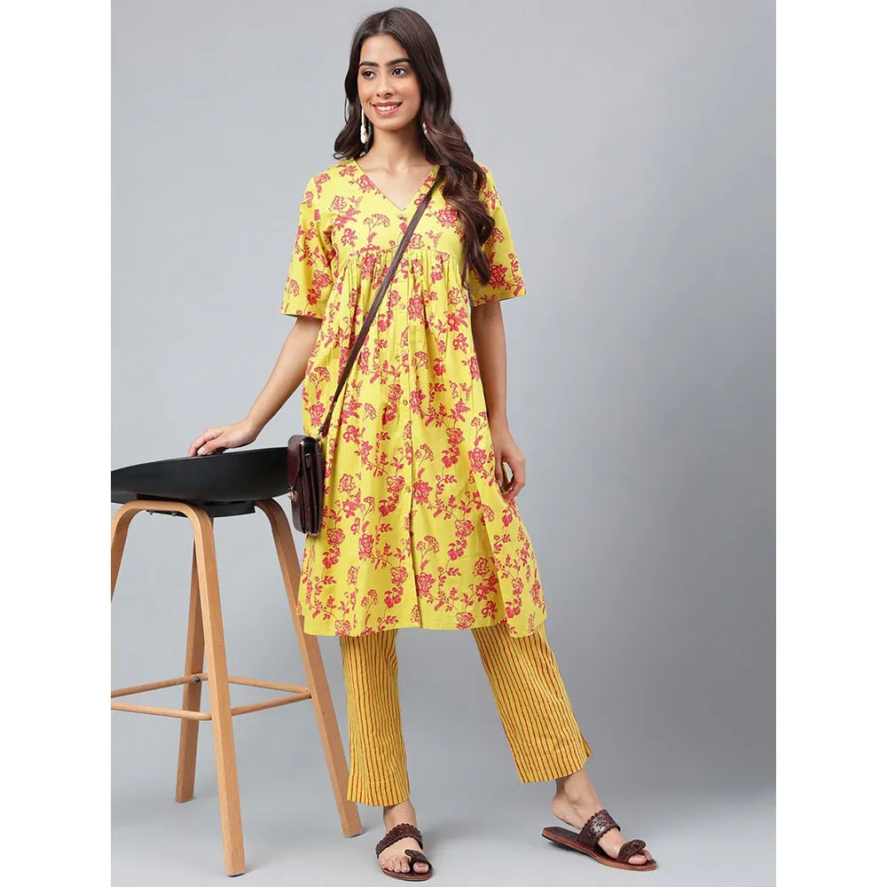 Janasya Womens Yellow Cotton Floral Printed Kurta with Pant (Set of 2)