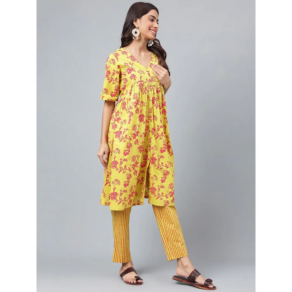 Janasya Womens Yellow Cotton Floral Printed Kurta with Pant (Set of 2)