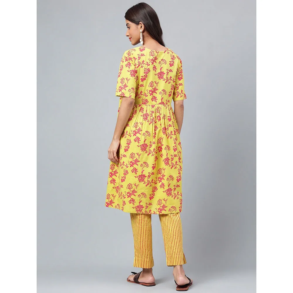Janasya Womens Yellow Cotton Floral Printed Kurta with Pant (Set of 2)