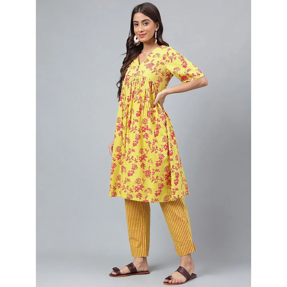 Janasya Womens Yellow Cotton Floral Printed Kurta with Pant (Set of 2)