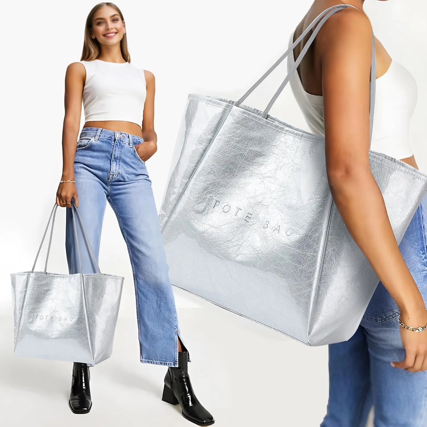 KALIDI Large PVC Tote Bag Women Weekender Hobo Bag Travel Purse Kraft Paper Oversize Shoulder Handbag for Work College Beach