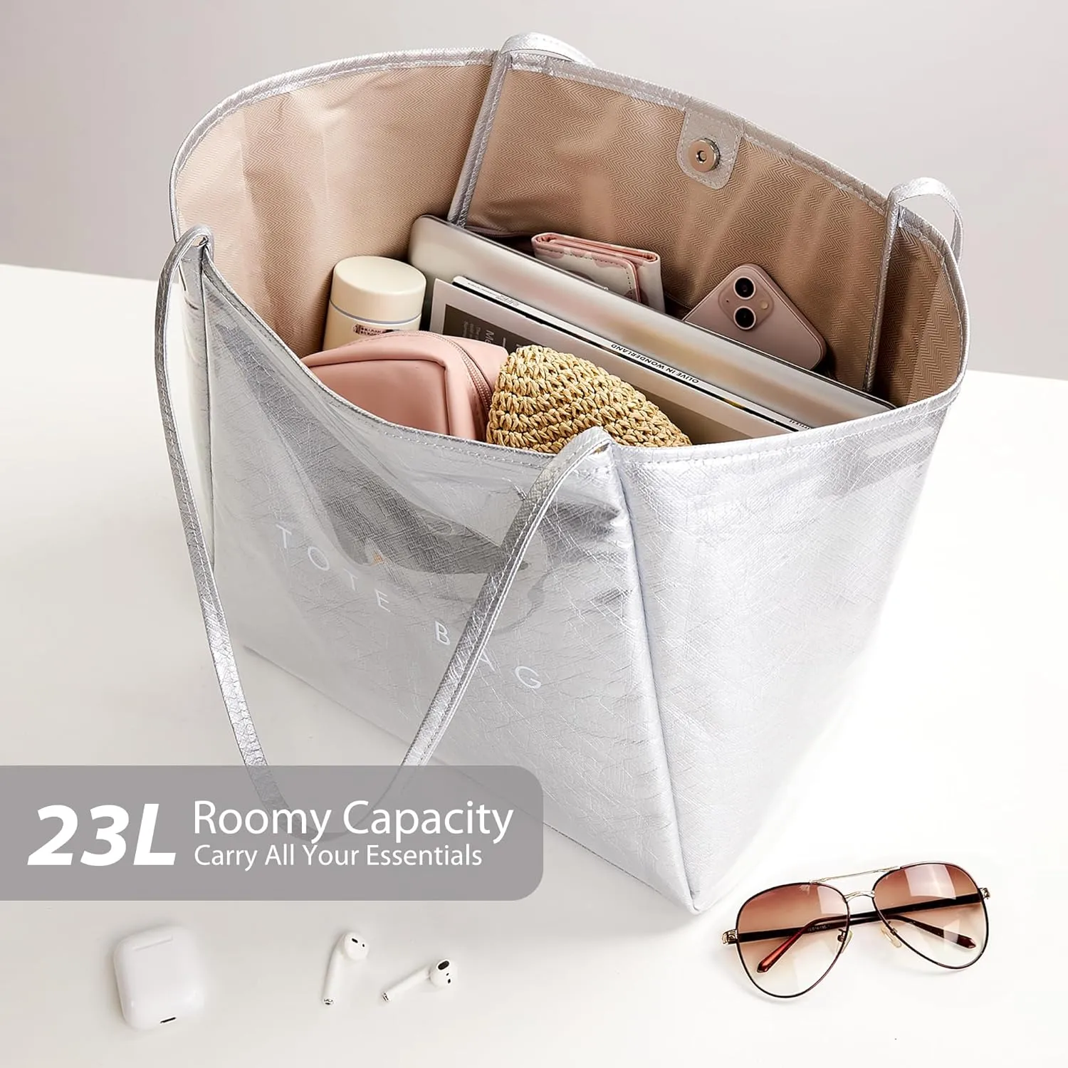KALIDI Large PVC Tote Bag Women Weekender Hobo Bag Travel Purse Kraft Paper Oversize Shoulder Handbag for Work College Beach