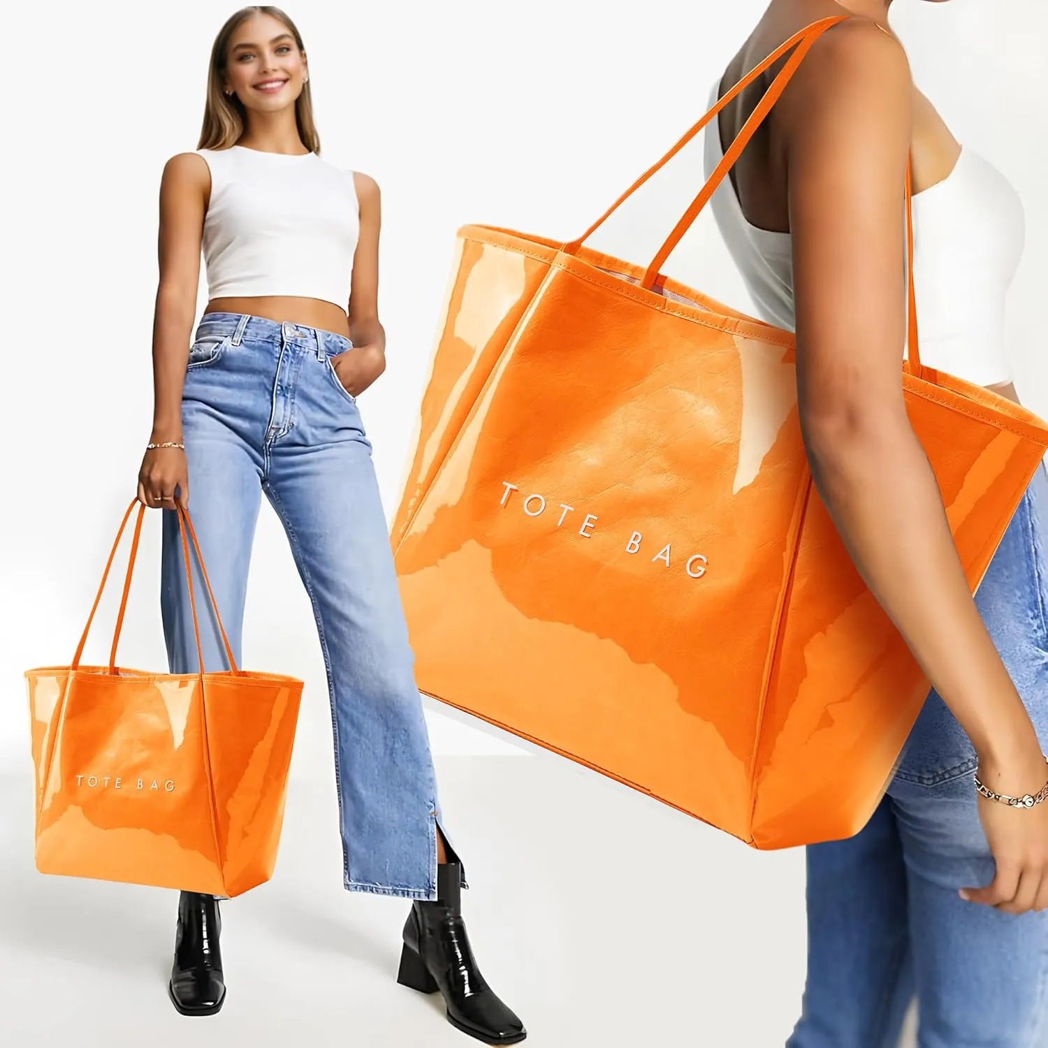 KALIDI Large PVC Tote Bag Women Weekender Hobo Bag Travel Purse Kraft Paper Oversize Shoulder Handbag for Work College Beach