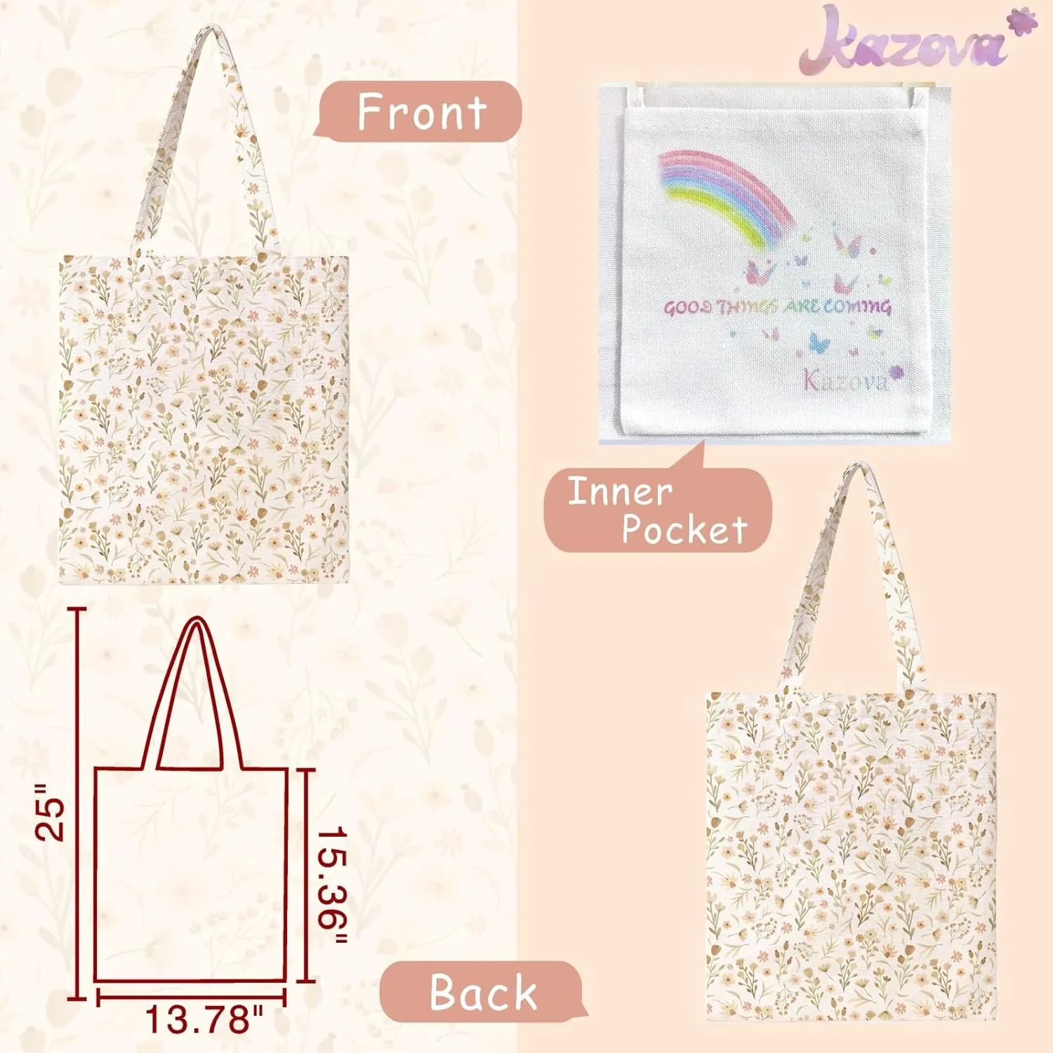 Kazova Aesthetic Floral Tote Bag Boho Wildflower Bag For Women Small Flower Canvas Cotton Bag Grocery Shopping Tote Bag With Shoulders For Beach Work Travel