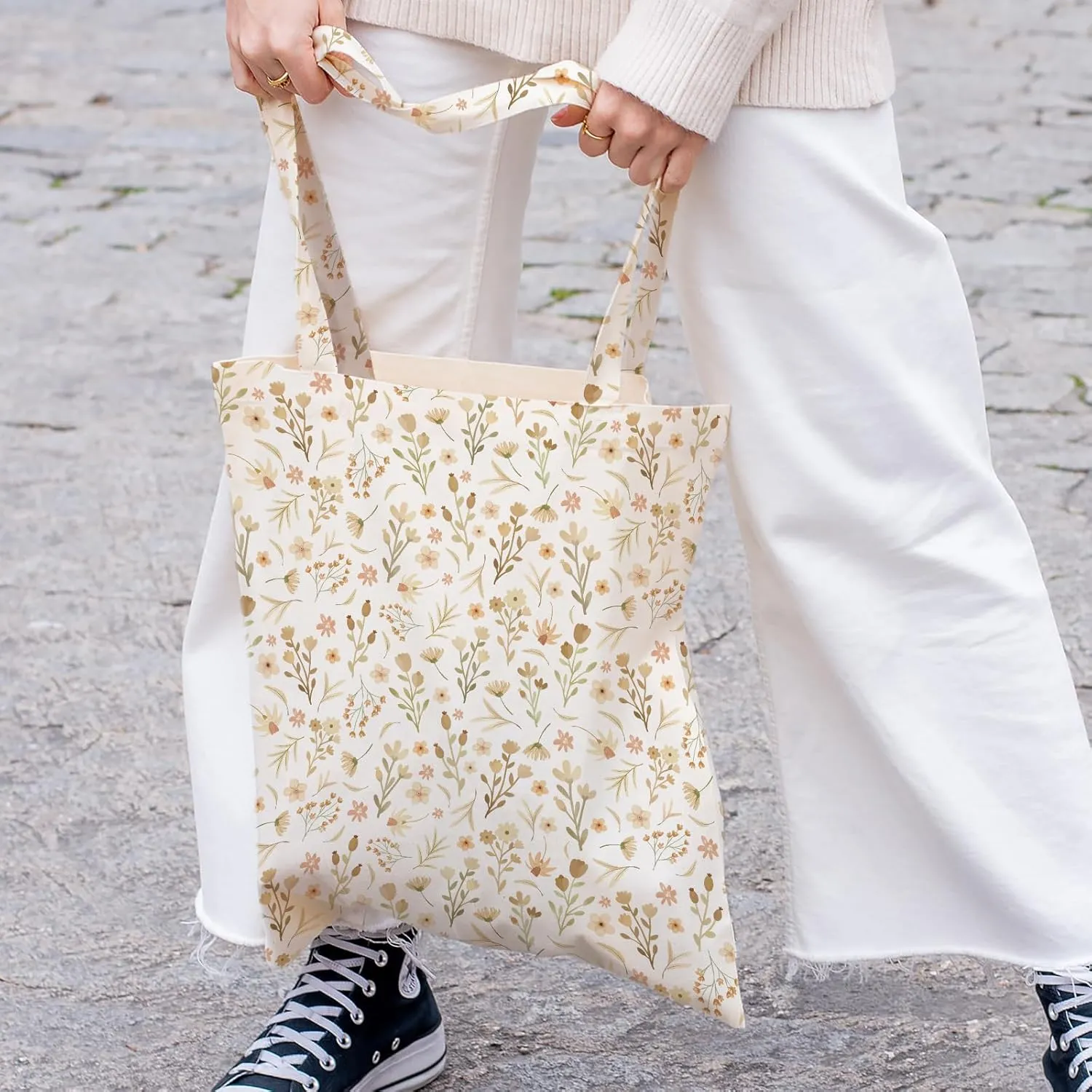 Kazova Aesthetic Floral Tote Bag Boho Wildflower Bag For Women Small Flower Canvas Cotton Bag Grocery Shopping Tote Bag With Shoulders For Beach Work Travel