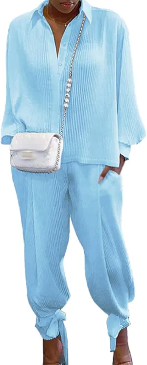 KMBANGI Women Solid 2 Piece Outfits Long Sleeve Loose Shirt Blouse Top Harem Pants Jumpsuit Sets Ladies Casual Suit