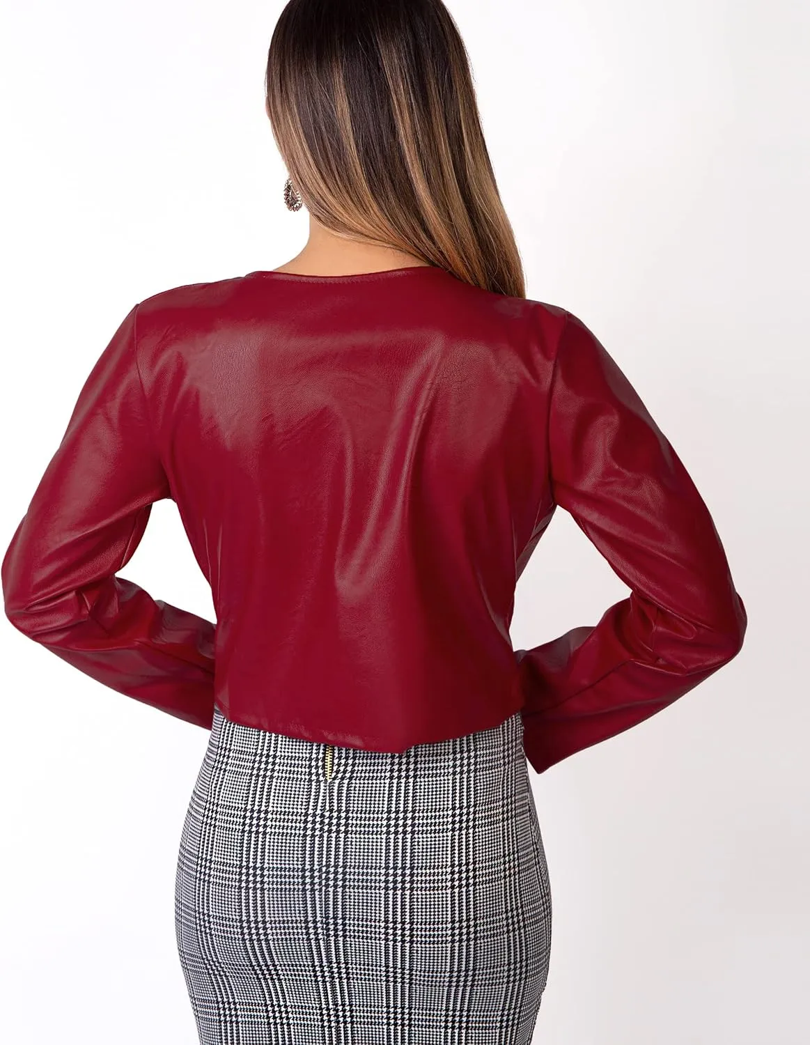 KRISP Women PU Leather Cropped Jacket Long Sleeve Bolero