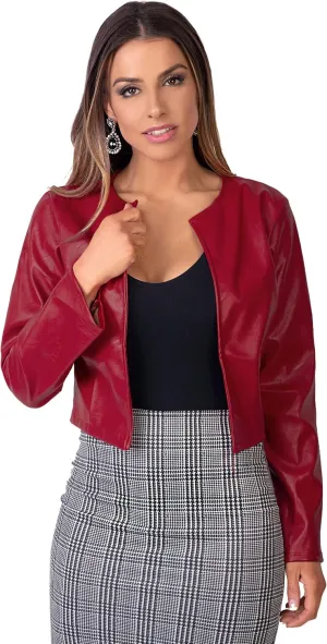 KRISP Women PU Leather Cropped Jacket Long Sleeve Bolero