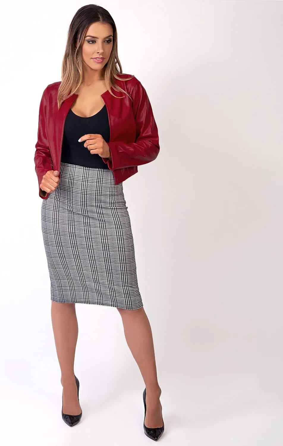 KRISP Women PU Leather Cropped Jacket Long Sleeve Bolero