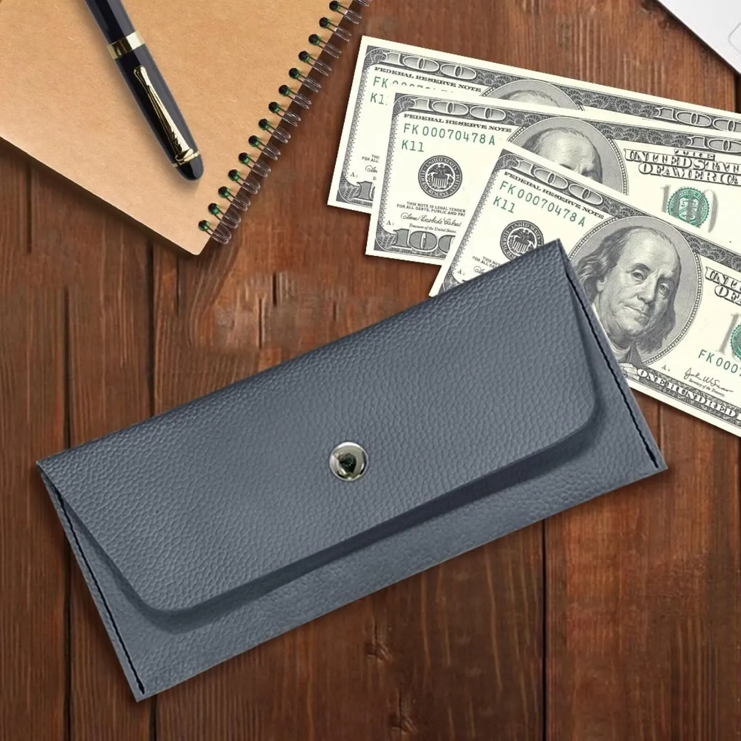 Leather Money Cash Envelopes Wallet for Womens Clutch Bag Pouch with Metal Snap Button Ladies Trendy Protable Travel Business Clutch Wallet,Grey Color