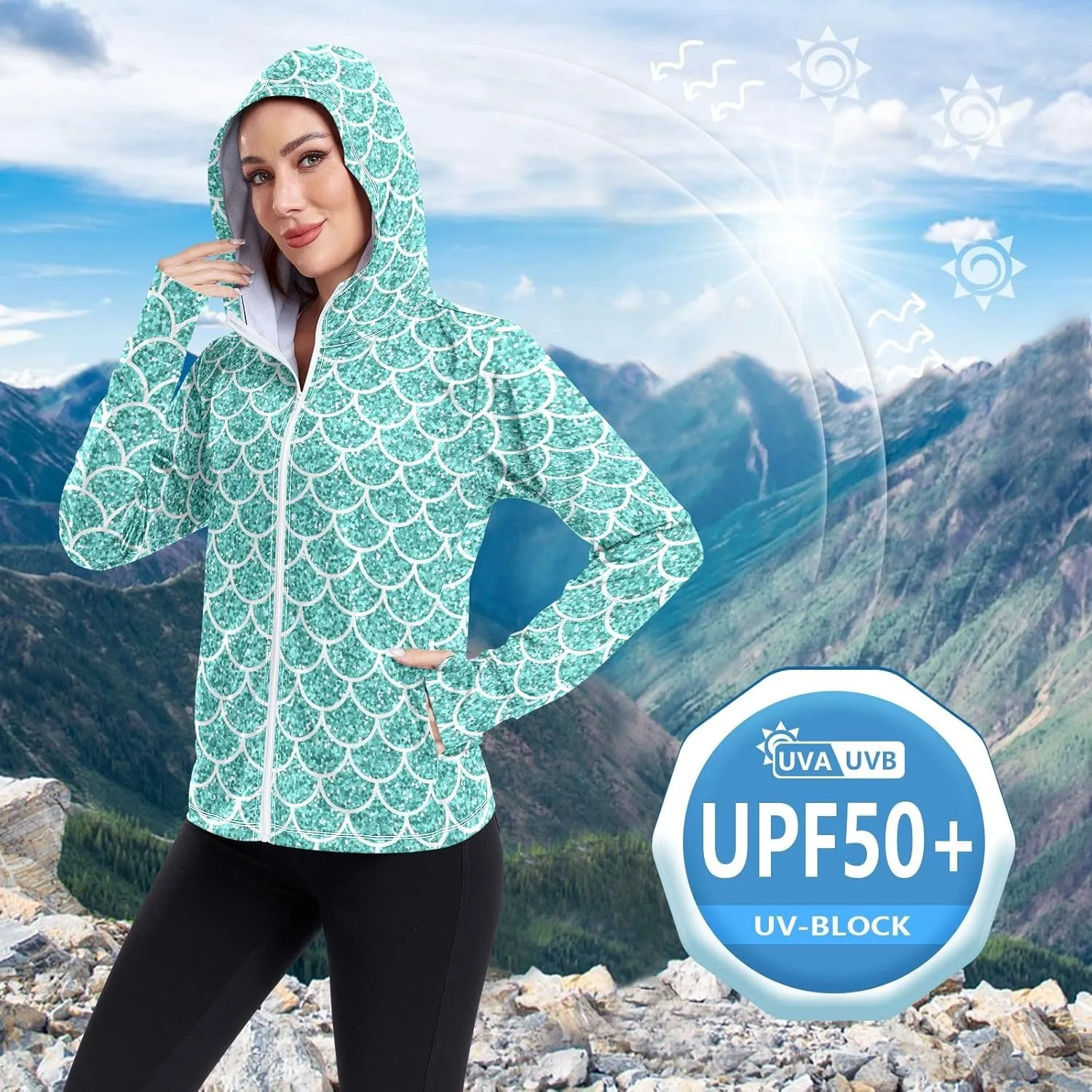 Light Glitter Womens Upf Hoodie Athletic Jacket with Thumb Holes Women's Hoodie Zip Front Rash Guard