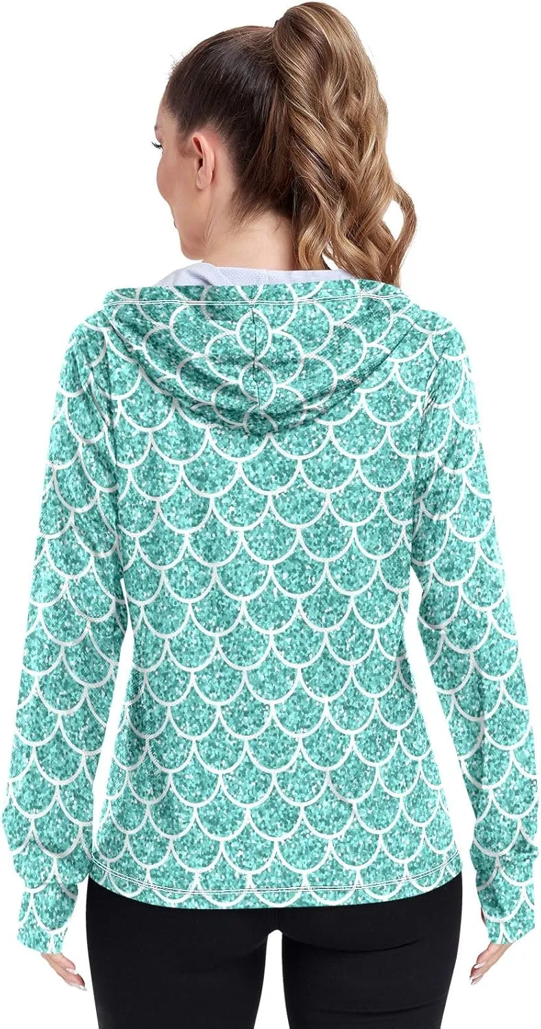 Light Glitter Womens Upf Hoodie Athletic Jacket with Thumb Holes Women's Hoodie Zip Front Rash Guard