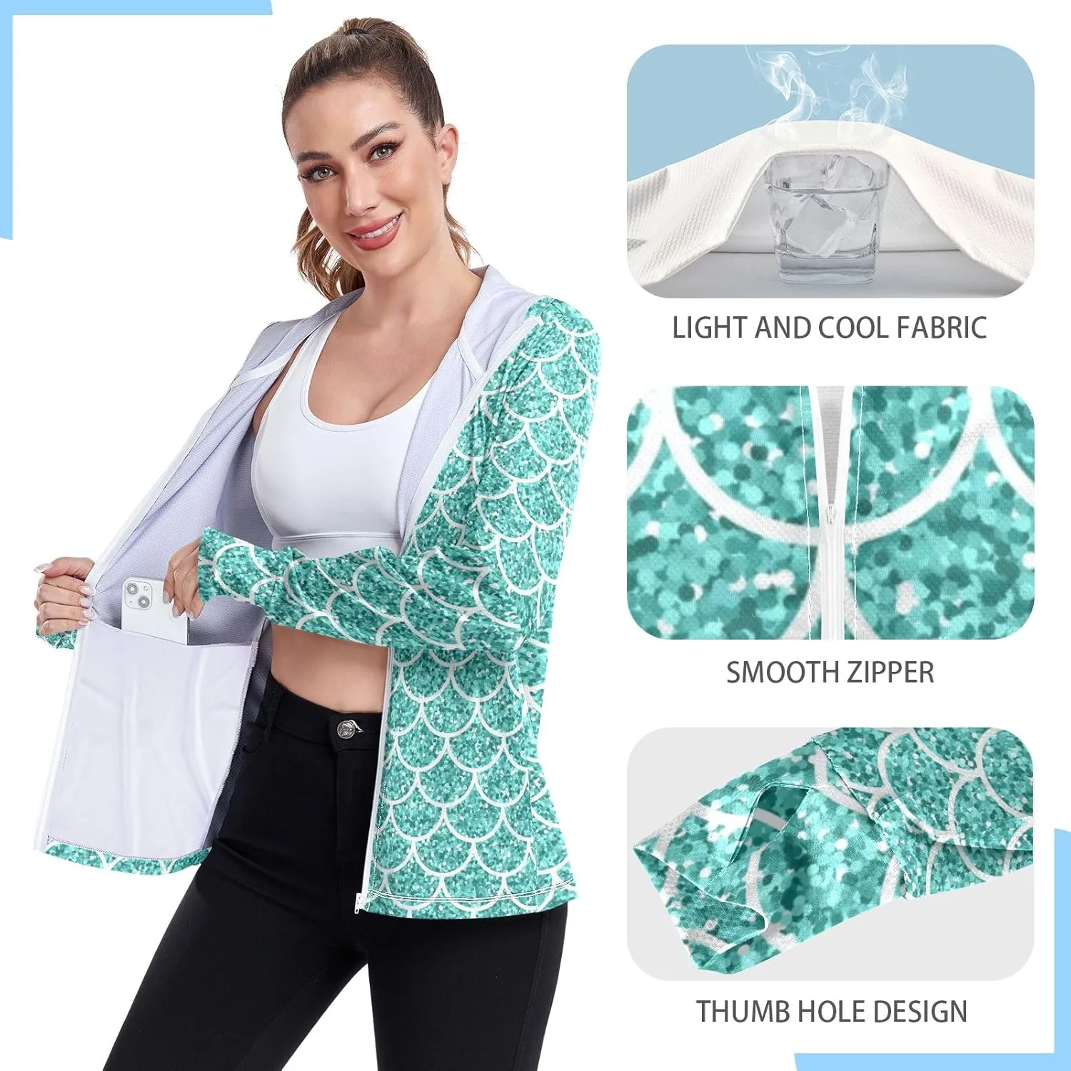 Light Glitter Womens Upf Hoodie Athletic Jacket with Thumb Holes Women's Hoodie Zip Front Rash Guard