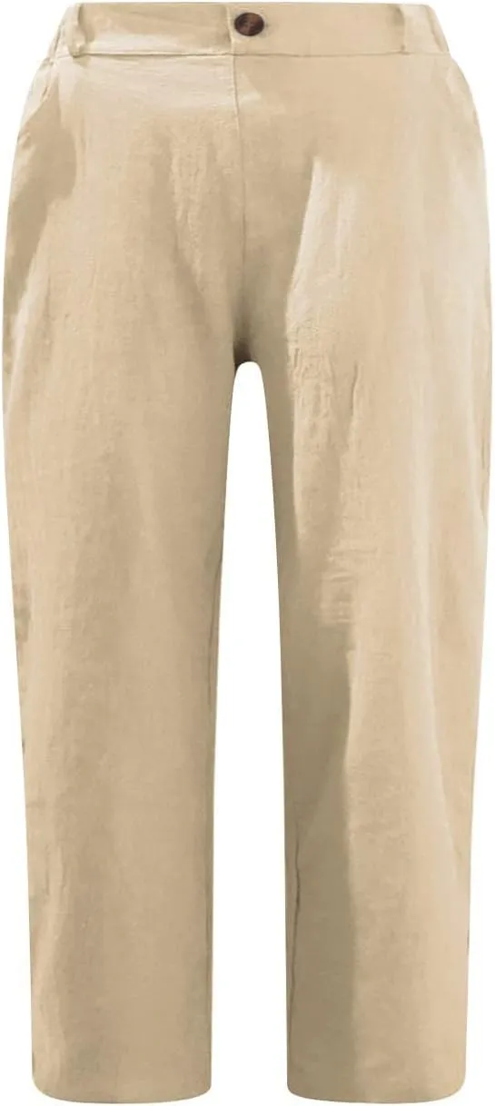 Linen Capri Pants for Women Casual Summer High Waist Wide Leg Cropped Lounge Pant Trousers Beach Vacation Outfits