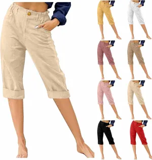 Linen Capri Pants for Women Casual Summer High Waist Wide Leg Cropped Lounge Pant Trousers Beach Vacation Outfits