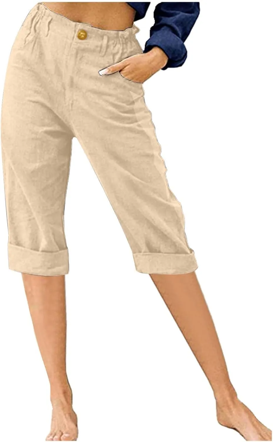 Linen Capri Pants for Women Casual Summer High Waist Wide Leg Cropped Lounge Pant Trousers Beach Vacation Outfits
