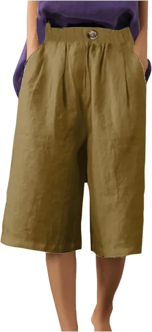 Linen Capri Pants for Women Wide Leg Elastic Waist Lounge Capris Baggy Lightweight Casual Summer Cropped Trouser 2025