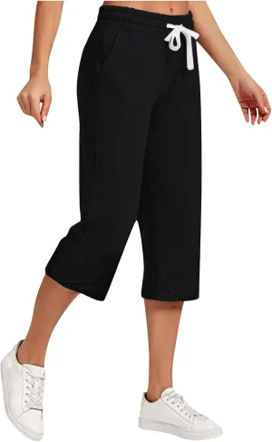 Linen Capris for Women High Waisted Wide Leg Summer Beach Cropped Trousers Elastic Drawstring Outfit with Pockets