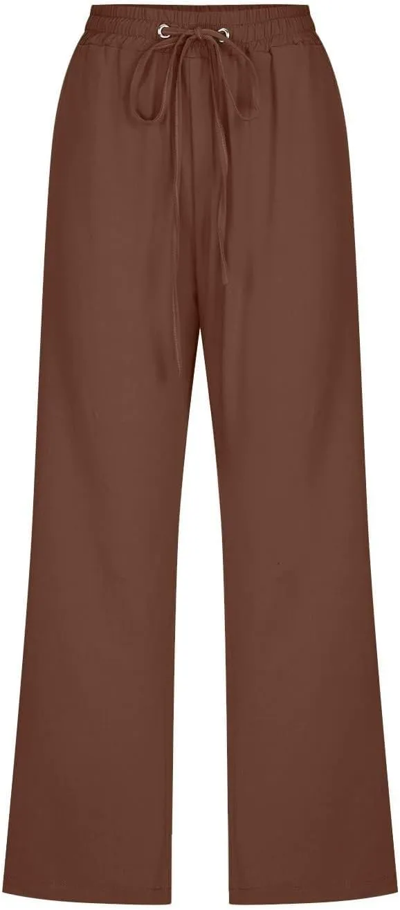 Linen Capris Pants for Women High Waisted Palazzo Trousers Casual Loose Drawstring Elasticated Beach Capris Pant with Pockets