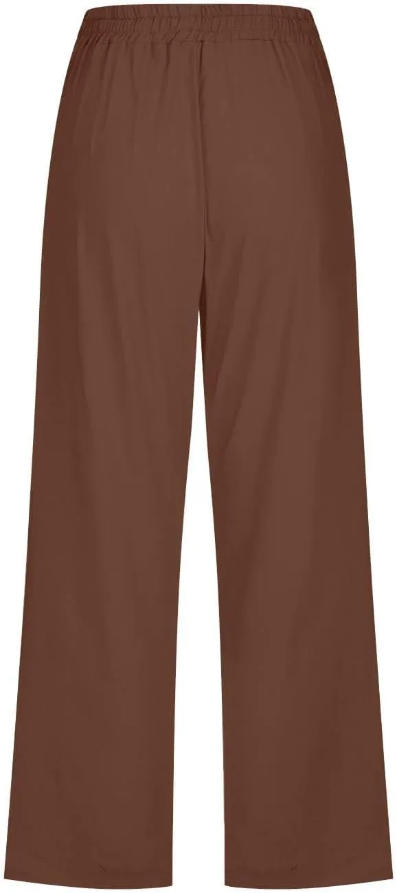 Linen Capris Pants for Women High Waisted Palazzo Trousers Casual Loose Drawstring Elasticated Beach Capris Pant with Pockets