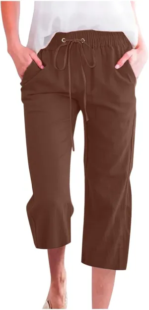 Linen Capris Pants for Women High Waisted Palazzo Trousers Casual Loose Drawstring Elasticated Beach Capris Pant with Pockets
