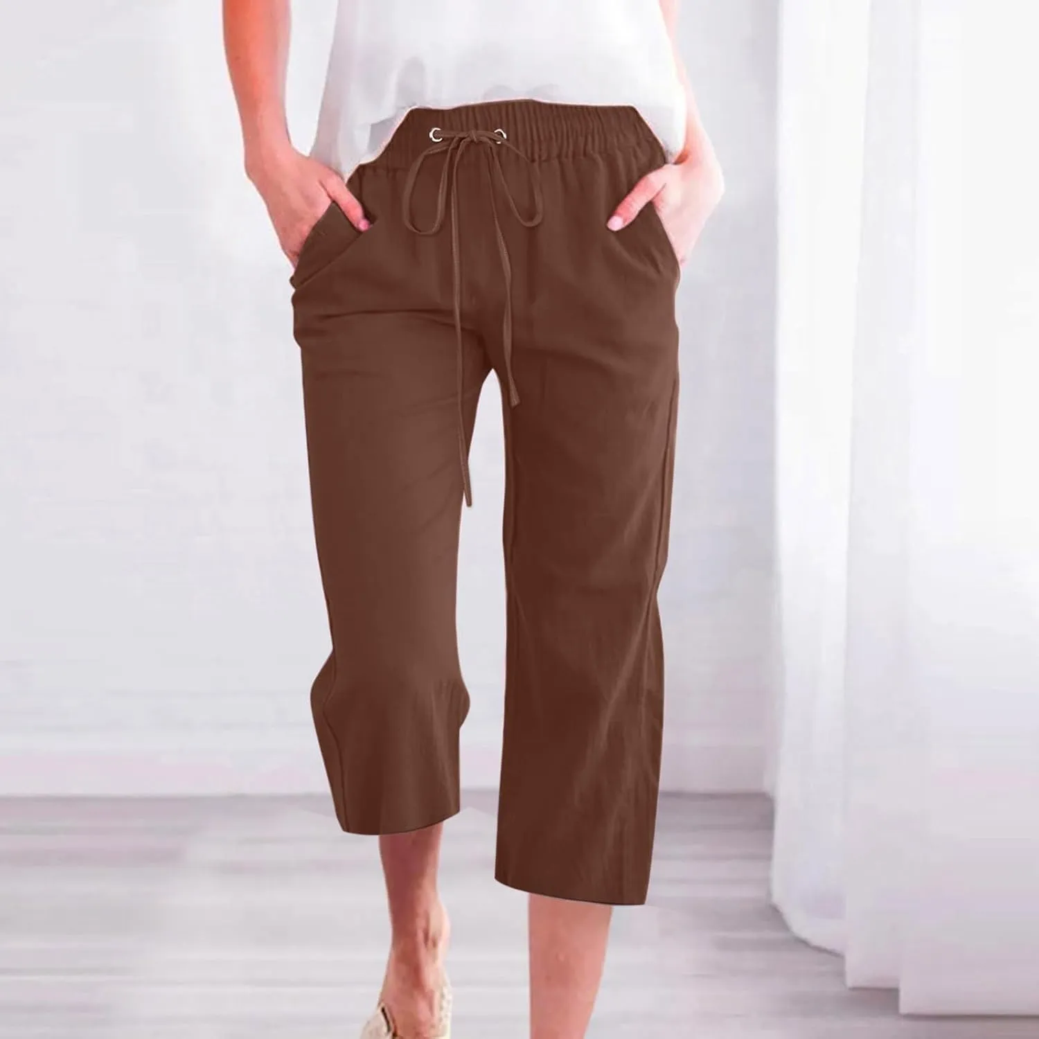 Linen Capris Pants for Women High Waisted Palazzo Trousers Casual Loose Drawstring Elasticated Beach Capris Pant with Pockets