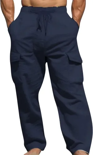 Linen Cargo Pants for Mens Casual Solid Color Drawstring Pants Lightweight Breathable Plain Outdoor Sweatpants with Pockets