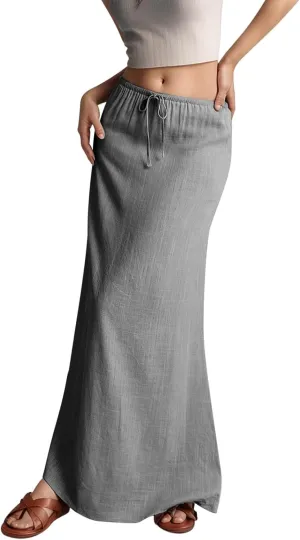 Linen Maxi Skirts for Women Trendy Summer Comfy Drawstring A Line Skirts Casual Beach Vacation Boho Flowy Long Skirts
