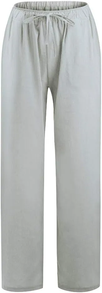Linen Palazzo Pants for Women 2024 Casual Wide Leg Summer Lounge Pant Elastic Waist Drawstring Beach Vacation Trouser