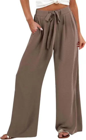 Linen Palazzo Pants for Women Dressey Casual 2025 Vacation Flowy Summer Beach Pants Trendy Tie Knot Wide Leg Trousers