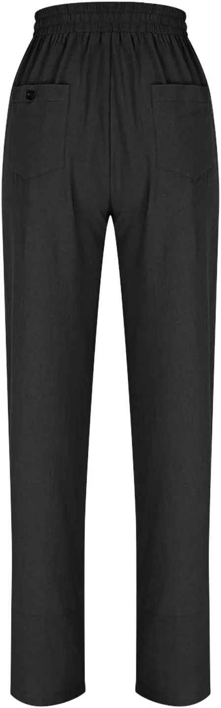 Linen Pants 2025 Women Summer Casual Wide Leg Pants Solid Color Drawstring Elastic Waist Trousers with Pockets