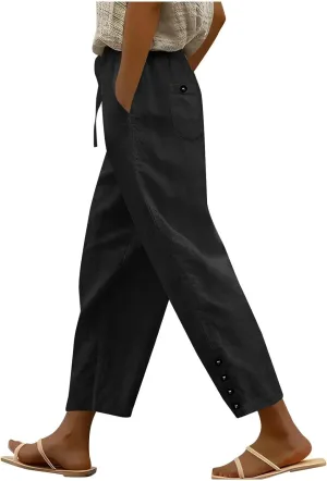 Linen Pants 2025 Women Summer Casual Wide Leg Pants Solid Color Drawstring Elastic Waist Trousers with Pockets