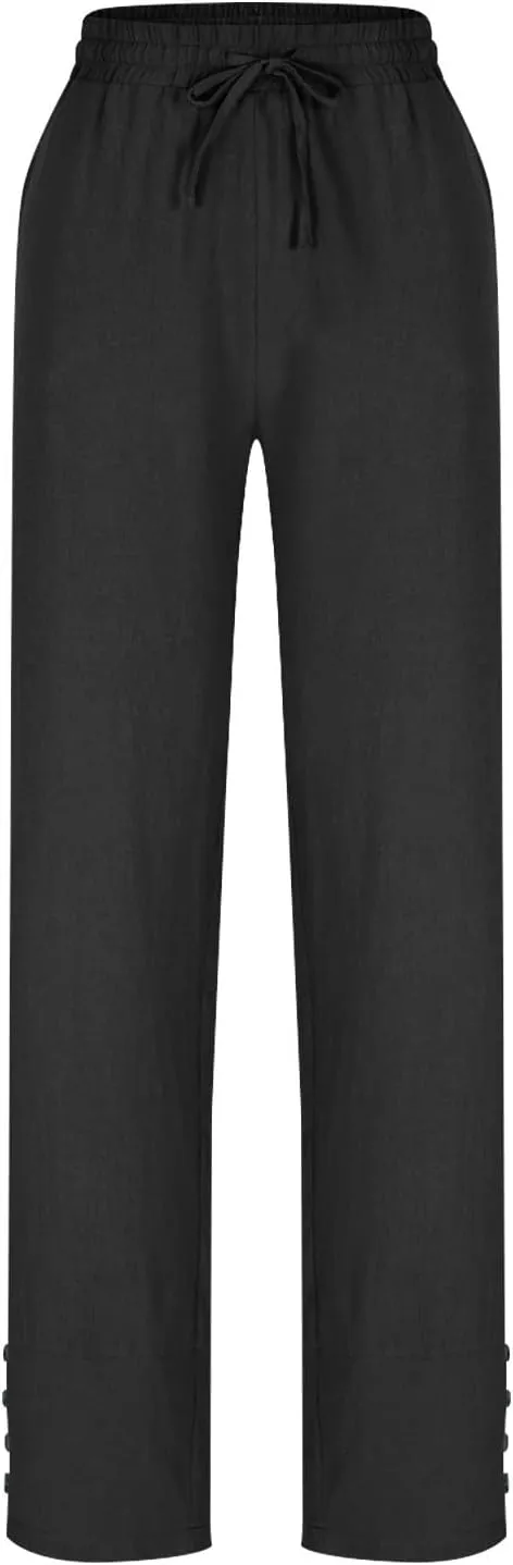 Linen Pants 2025 Women Summer Casual Wide Leg Pants Solid Color Drawstring Elastic Waist Trousers with Pockets