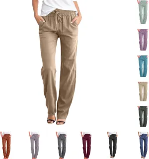 Linen Pants for Women 2025 Cotton Casual Summer Drawstring High Waist Lightweight Straight Leg Trousers with Pockets