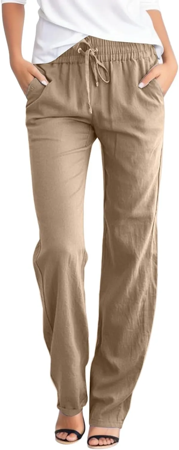 Linen Pants for Women 2025 Cotton Casual Summer Drawstring High Waist Lightweight Straight Leg Trousers with Pockets