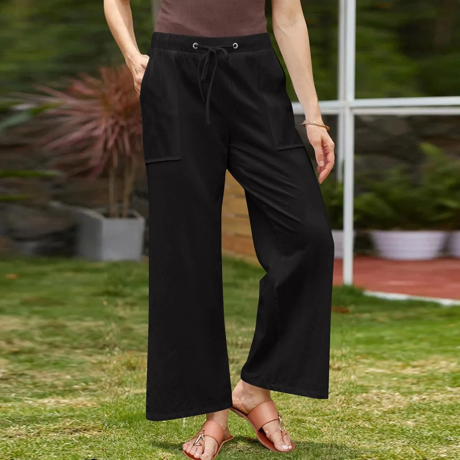 Linen Pants for Women 2025 High Waist Drawstring Wide Leg Trousers Summer Casual Flowy Beach Palazzo with Pockets