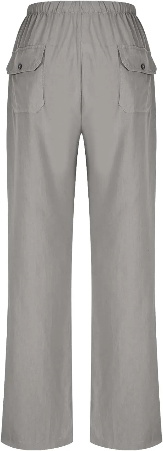 Linen Pants for Women 2025 High Waist Drawstring Wide Leg Trousers Summer Casual Flowy Beach Palazzo with Pockets