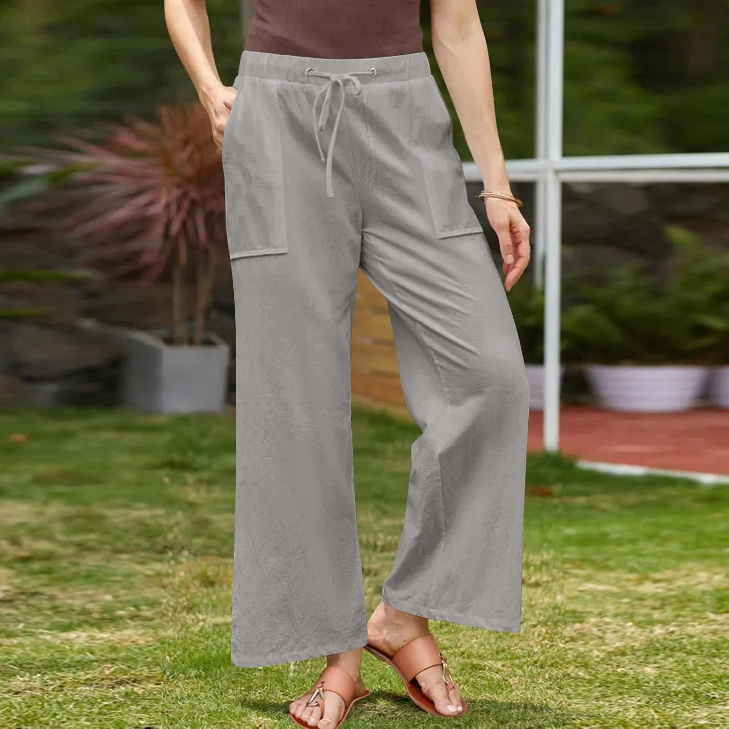 Linen Pants for Women 2025 High Waist Drawstring Wide Leg Trousers Summer Casual Flowy Beach Palazzo with Pockets
