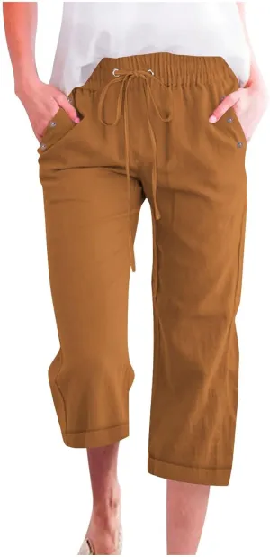 Linen Pants for Women 2025 Summer Casual Tie Knot Elastic High Waist Capri Pants Plus Size Wide Leg Lounge Capris