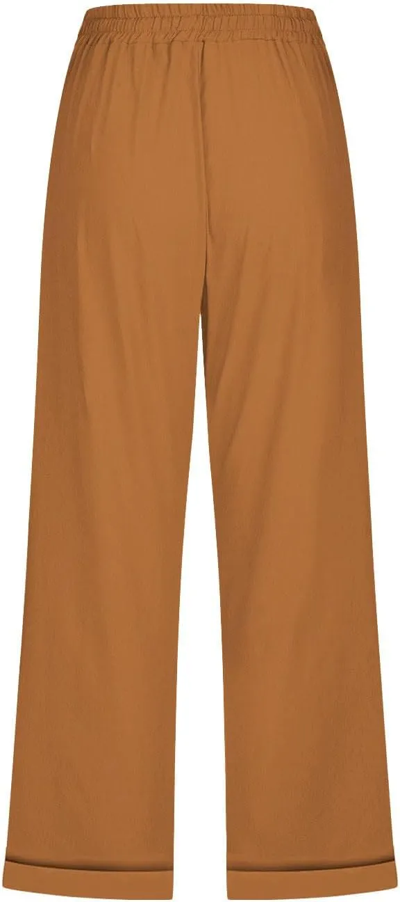 Linen Pants for Women 2025 Summer Casual Tie Knot Elastic High Waist Capri Pants Plus Size Wide Leg Lounge Capris