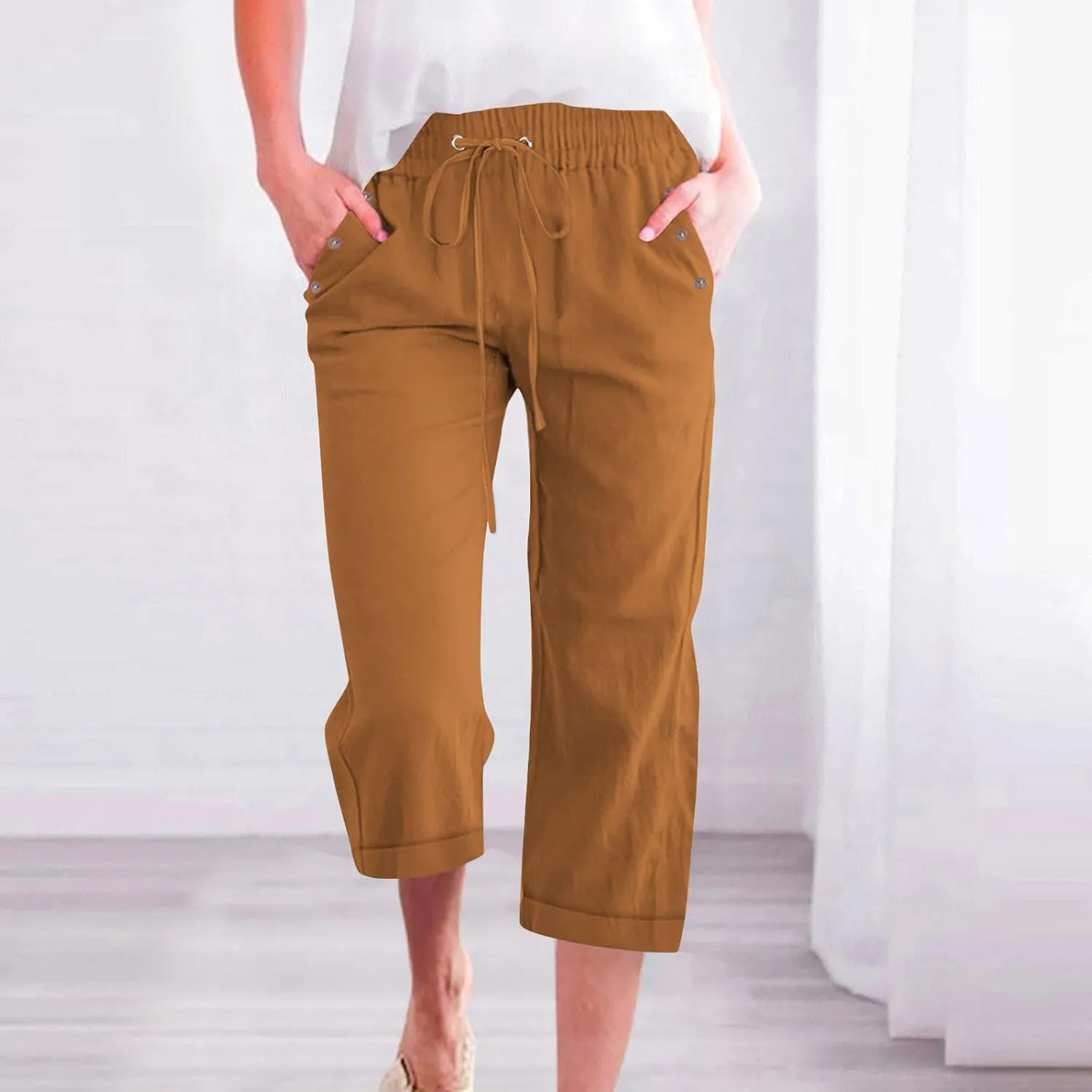 Linen Pants for Women 2025 Summer Casual Tie Knot Elastic High Waist Capri Pants Plus Size Wide Leg Lounge Capris