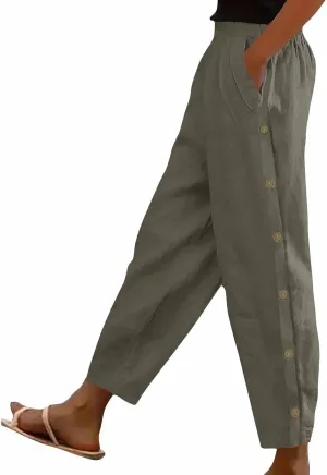 Linen Pants for Women 2025 Summer Elastic High Waisted Straight Leg Lounge Pant Lightweight Comfy Beach Trousers